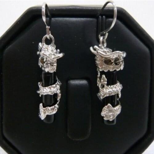 Fashion jewelry Free Shipping wholesale Vogue green Natural stone black silver plated dragon Jewelry earring