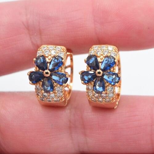 Gold Color Women Fashion Blue Cubic Zirconia CZ Flower Huggie Hoop Wedding Earrings