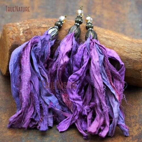 Wholesale Boho Long Sari Silk Tassel Findings Clear Rhinestone Pave Electroplating Bronze Tassel Tulip Cap In 7.5 inch PT7550