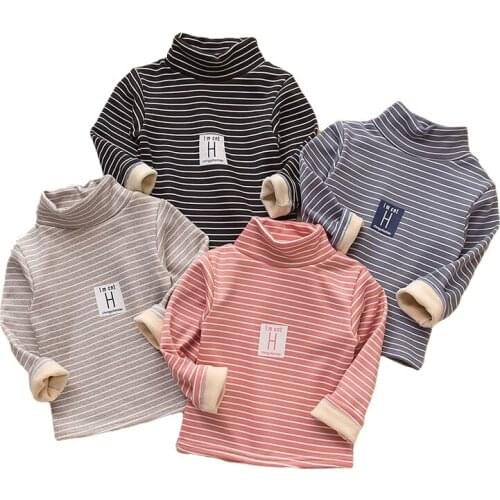 Autumn Winter Children Plus Velvet Tees Clothes Boys Girls Striped T-shirt Kids 3-8 Years Unisex Child Soft Warm Tops Pullover