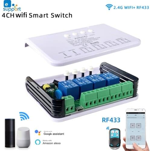 Wifi 4CH Smart Switch for Light/Motor,DC5/12/32/110/220V,4 Gang Relay,RF433,Remote Control by Alexa Google Assistant,eWeLink