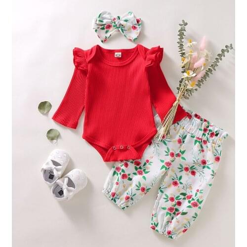 Pudcoco Autumn Newborn Baby Girl Clothes Solid Color Knitting Cotton Romper Tops Flower Print Long Pants Headband 3Pcs Outfits