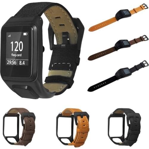 Replaced Genuine Leather Wrist Strap Metal Clasp Buckle Watchband Bracelet for TomTom Runner 2 3/Spark 3 Cardio/Music/Adventurer