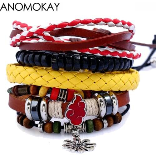 New Design Multi Color Pu Leather Wood Bead Vintage Jewelry Bracelet Set Fashion Flower Cloud Leather Rope Strap Wrap Bracelets