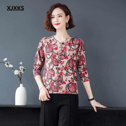 XJXKS High-end wool knitted sweater women V-neck pullover 2021 spring autumn new women printed sweater