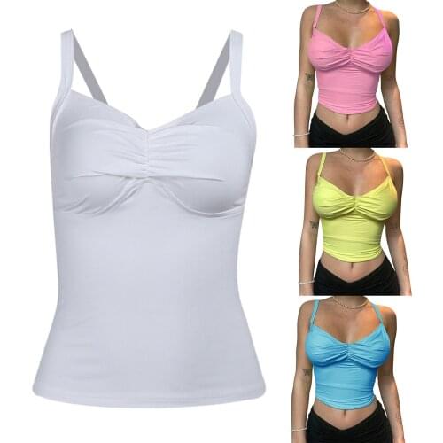 Women’s Fashion Solid Color Camisole Sexy Pleated V-neck Exposed Navel Suspender Tops