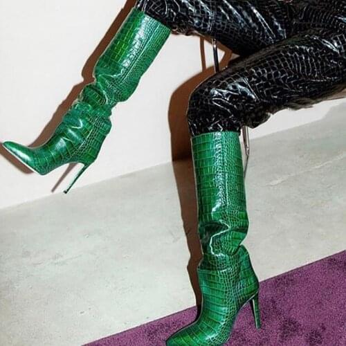 Green Python Pattern Women Knee High Boots Slip On Clear Designer High Heel Stiletto Boots Sexy Pointed Toe Winter Leather Shoes