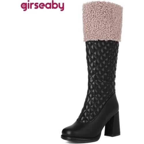 Girseaby Women Luxury Wool Fur Design Knee High Boots Faux Leather Zip Round Toe 8.5cm Block Heel Winter Ladies 33-43 S2476