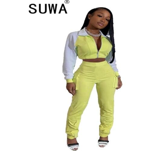 Color Block Spliced Soft Two Piece Set Women Autumn Casual Turn Down Collar Long Sleeve Crop Tops+jogger Pant Active Wear Outfit