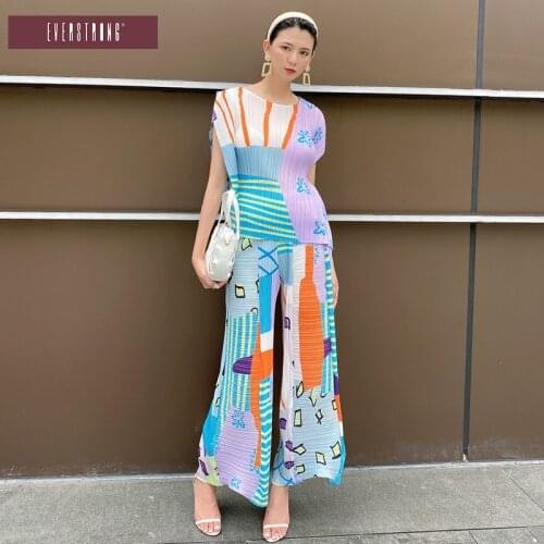 Summer High Street Miyak Pleated Print Sets Fashion Loose Large Size Female Two-piece suit Tide