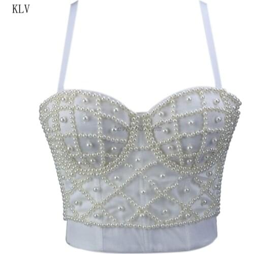 Women Sleeveless Crop Top Sexy Imitation Pearl Beaded Bustier Adjustable Spaghetti Straps Push Up Corset Club Bralette