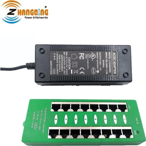 802.3AT PoE Injector For 8 Gigabit Device To 25Watts Each From One Supply Negotiating PoE Panel With 56V 120W Power Supply