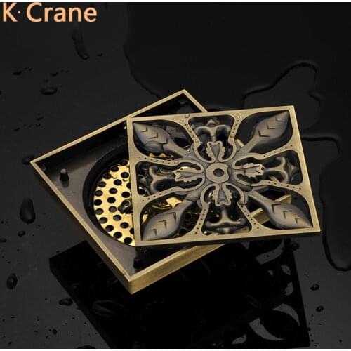Antique Floor Drain Bathroom Sink Shower Water Drains Vintage Smell Proof Waste Water Stopper 10CM Square Brass Hair Strainer