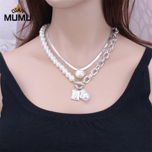 Baroque Irregular Pearls Geometric Pendants Necklaces For Women Golden Sliver Metal Snake Chain Necklace New Design Jewelry Gift