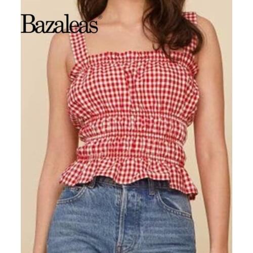 Bazaleas Fashion Red Tartan Print Women Tank Top Vintage Plaid Ruffles Camisole Fashion Spaghetti Straps Girl Camis