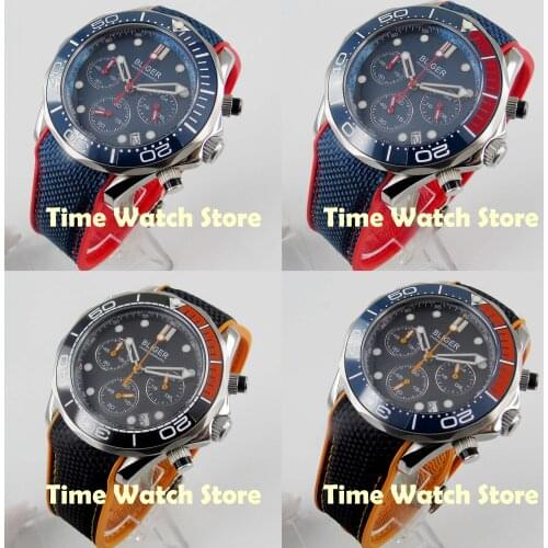 Bliger 41mm blue Quartz stop mens watch full chronograph 24 hours minute sapphire glass date display ceramic bezel waterproof 5