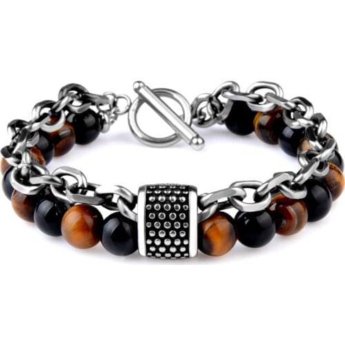 Male Jewelry Natural Stone Stainless Steel Bracelet Tiger eye Mens Bead Bracelet Men