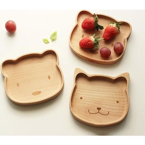 Wood Plate Cute Cat Bear Solid Wood Fruit Dishes Saucer Tea Tray Dessert Dinner Plate Tableware Child Baby Serving Wood Plate
