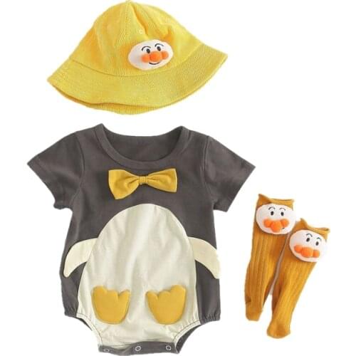 Lovely Animal Baby Clothes Infant Boy Girls Romper Hat Sock Set Grey Penguin Cotton Costume Roupa Bebe Bodies Short Onesies