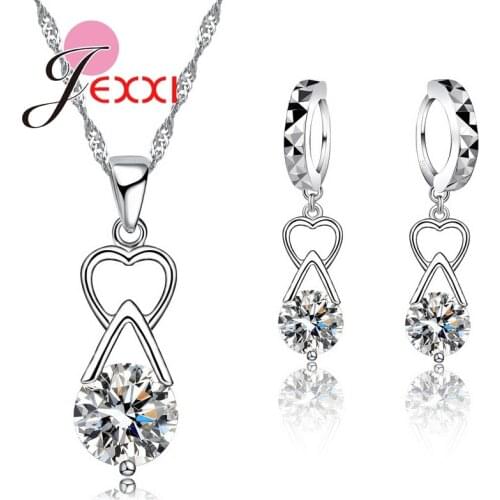 Elegant Bijoux 925 Sterling Silver CZ Crystal Heart Necklace +Earrings Women Bride Wedding Jewelry Set Collar Accessories