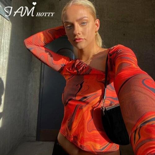 Aesthetic Vintage Paisley Printed T-shirt Women High Street Fashion Skew Collar Long Sleeve Crop Top Tee Casual Clothes Iamhotty