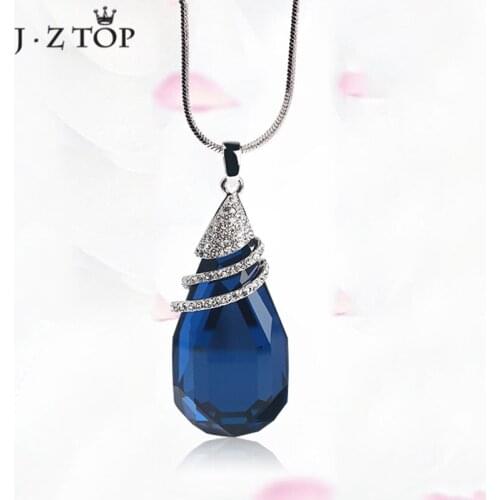 JZTOP Fashion Water Drop Pendant Necklaces Sweater Chain Blue Gem Crystal Long Choker Femme Statement Jewelry Collier Bijoux