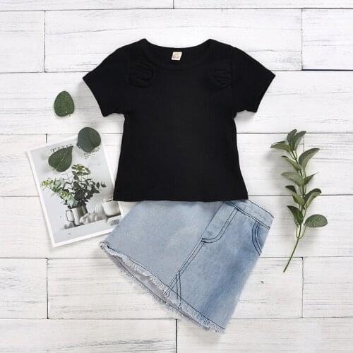 Girls' suit 2021 summer new style pitted stretch short-sleeved top + denim skirt 1-5 years old baby