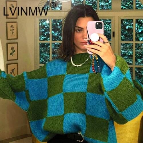 LVINMW Sweaters Plaid Loose Warm Fashion Long Sleeve Pullovers Autumn Panelled Casual Knitting Pullover Women Comfort Streetwear