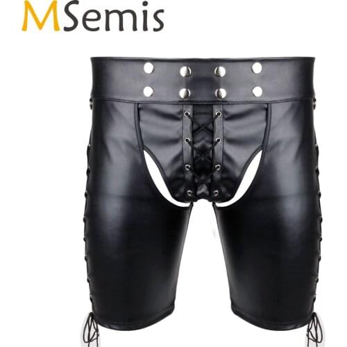 MSemis Open Crotch Leggings Gay Fetish Men Underwear Lingerie Faux Leather Wet look Bondage Lace Up Side Pants Open Butt Shorts