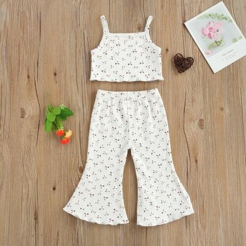 2 Pcs Toddler Floral Outfits 2021 New Style Baby Girl Sleeveless Spaghetti Strap U-shaped Neck Tank Top + Flared Pants (White)