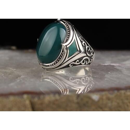 Natural Green Quartz Stone 925 Silver Engraved Traditional Ring Handmade Turkish Signet Rings Rock Jewelry Gift for Women Men