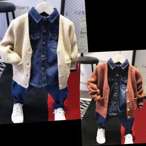 Boys Clothes Fashion Casual Boy Suit Set Casual Hot Sale Kids Costume Boy Clothing Set Kids Knit Cardigan, Denim Shirt , Jeans