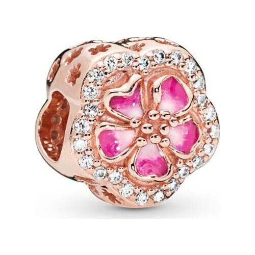 Genuine 925 Sterling Silver Bead Charm Rose Sparkling Peach Blossom Flower Charm Fit Pan Bracelet & Necklace Diy Jewelry