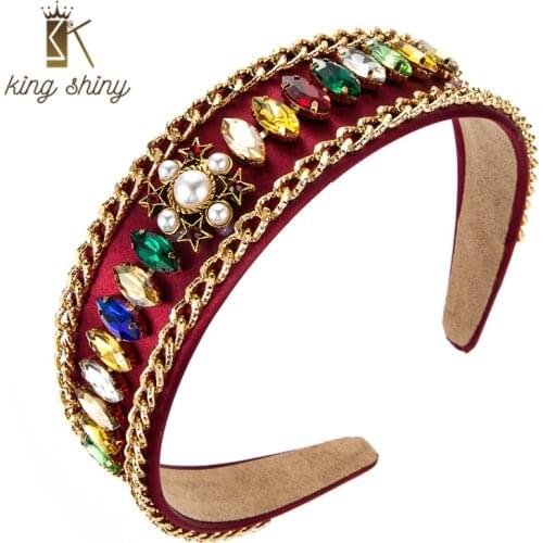 King Shiny Vintage Baroque Colorful Crystal Star Headband Elegant Imitation Pearl Beaded Hairband Girl Party Jewelry Tiara Bezel