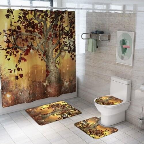 Drop Shipping Shower Curtain Bath Mat Toilet Pad Set Anti-slip Toilet Maple leaf Pattern Carpet Flannel Bath Mat