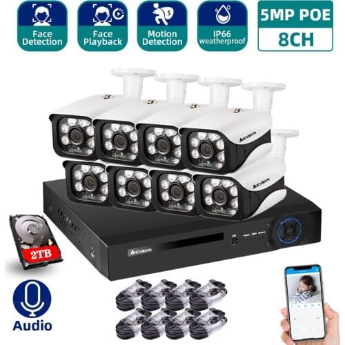 Face Detection H.265 8CH 5MP POE NVR Kit CCTV Security System AI POE IP Camera Outdoor Video Surveillance Set 2TB