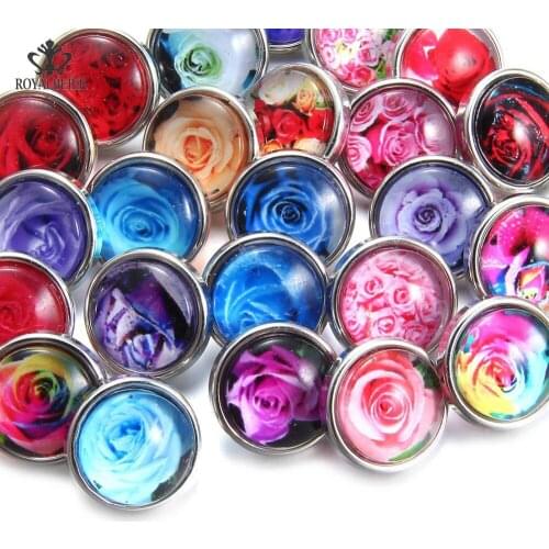 ROYALBEIER 50pcs/lot 12mm Multi Colors Rose Flowers Metal Base Jewelry Faceted DIY Snap Button Glass Beads for Jewelry Making