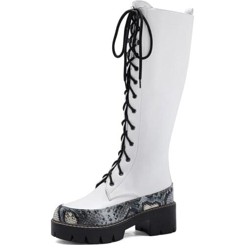 Snake-Print Color-Blocking PU Thick-Soled Knee-Length Boots With Cross-Lacing Inner Plush Platform Boots Python-Print Edging