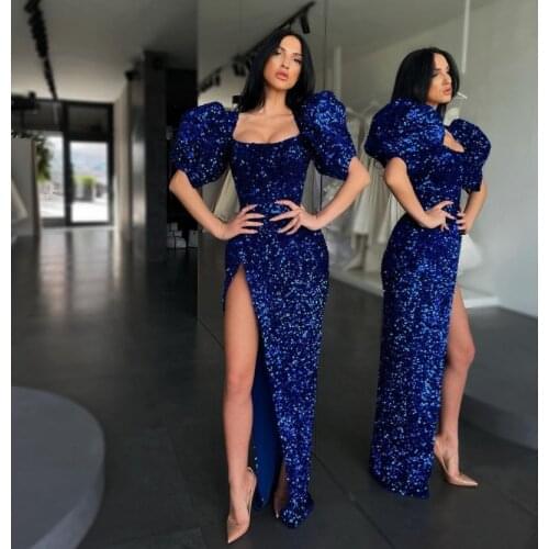 Sexy Blue Split Prom Dresses Sequin Strapless Short Sleeves Mermaid Evening Gowns for Women Celebrity Party Wear