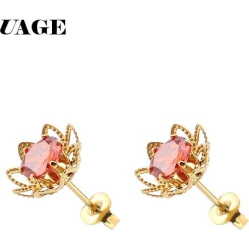 UAGE Lotus Stainless Steel Earrings Women Jewelry Gold Color Zirconia Stud Earrings Jewelry flor de loto pendientes largos