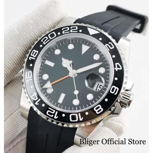 High Quality GMT Function Nologo Mens Watch Self Winding Movement Automatic Wristwatch Sapphire Crystal Auto Date Rubber Strap
