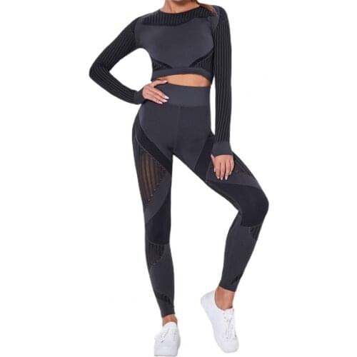 Women Matching Pants Sets Solid Color Yoga Outfit Seamless Two Piece Striped Blouse Leggings Set Tracksuit Matching Pant Sets