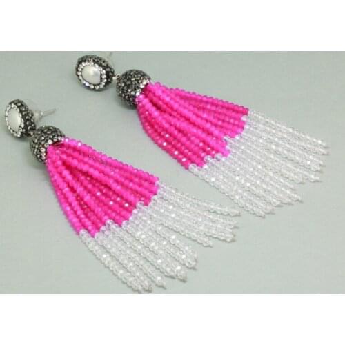 NEW Boho Hot Pink n Clear Beads 12 Rows Thick Joint Combine Color Shaded Beaded Tassel Dangle Earrings For Women Wedding Jewelry