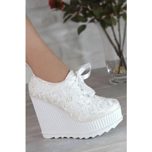 Jennifer Ladies Bridal Women Pearl Lace Luxury Flower Handmade Fashion Platform High Heel White Wedding Shoes