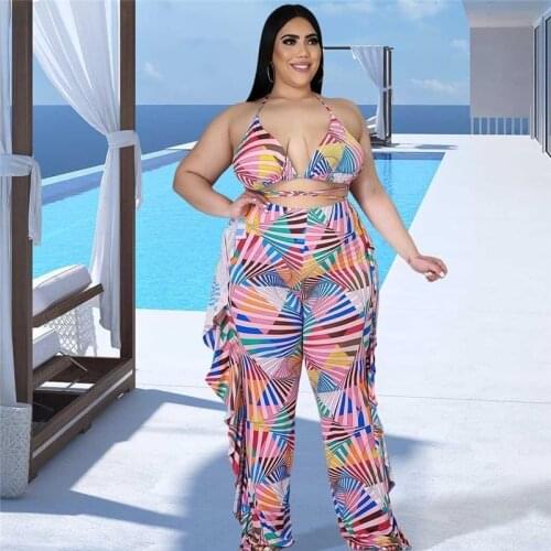 Plus Size Two Piece Set Women Wholesale Bikinis Sets Sexy Beach Style Elastic Waist Print Polyester Matching Set Dropshipping