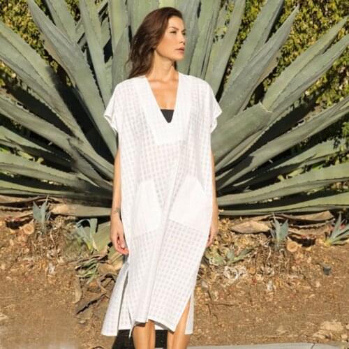 Women White Grid Turkish Kaftans Caftan Beachwear Bikini Swimsuit Cover Up Dress