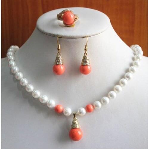 Wedding New Design WomenS 8mm White Pearl Necklace Earring Ring Jewelry Set real newjewelry