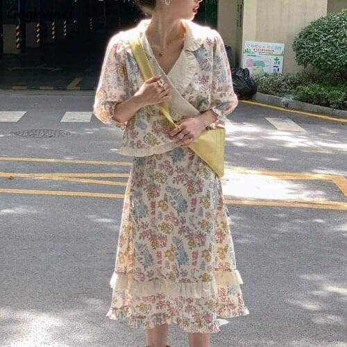 Women Sets Elegant Half Puff Sleeve Peter Pan Collar Lace Up Tops Ruffles Printed Mid-calf Skirts Sweet Girls Loose Prairie Chic