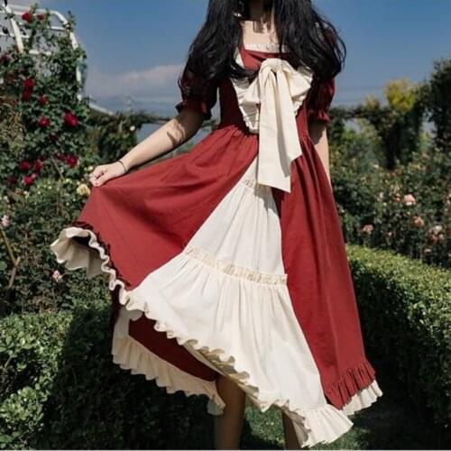 Bella Japanese Lolita Midi Women Dress Summer 2021 Ruffle Retro Pretty Princess Kawaii Patchwork Puff Sleeve Sweet Cute Dress
