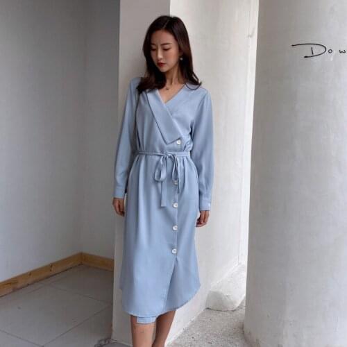 2019 autumn women dress with full sleeve and Big lapel high quality blue Straight Knee length Dress normcore clothing